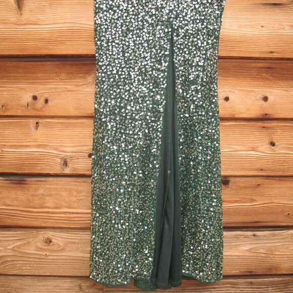 Mac Duggal 5489  Womens Green Cap SLEEVE SEQUINED HIGH SLIT GOWN - Picture 9 of 15